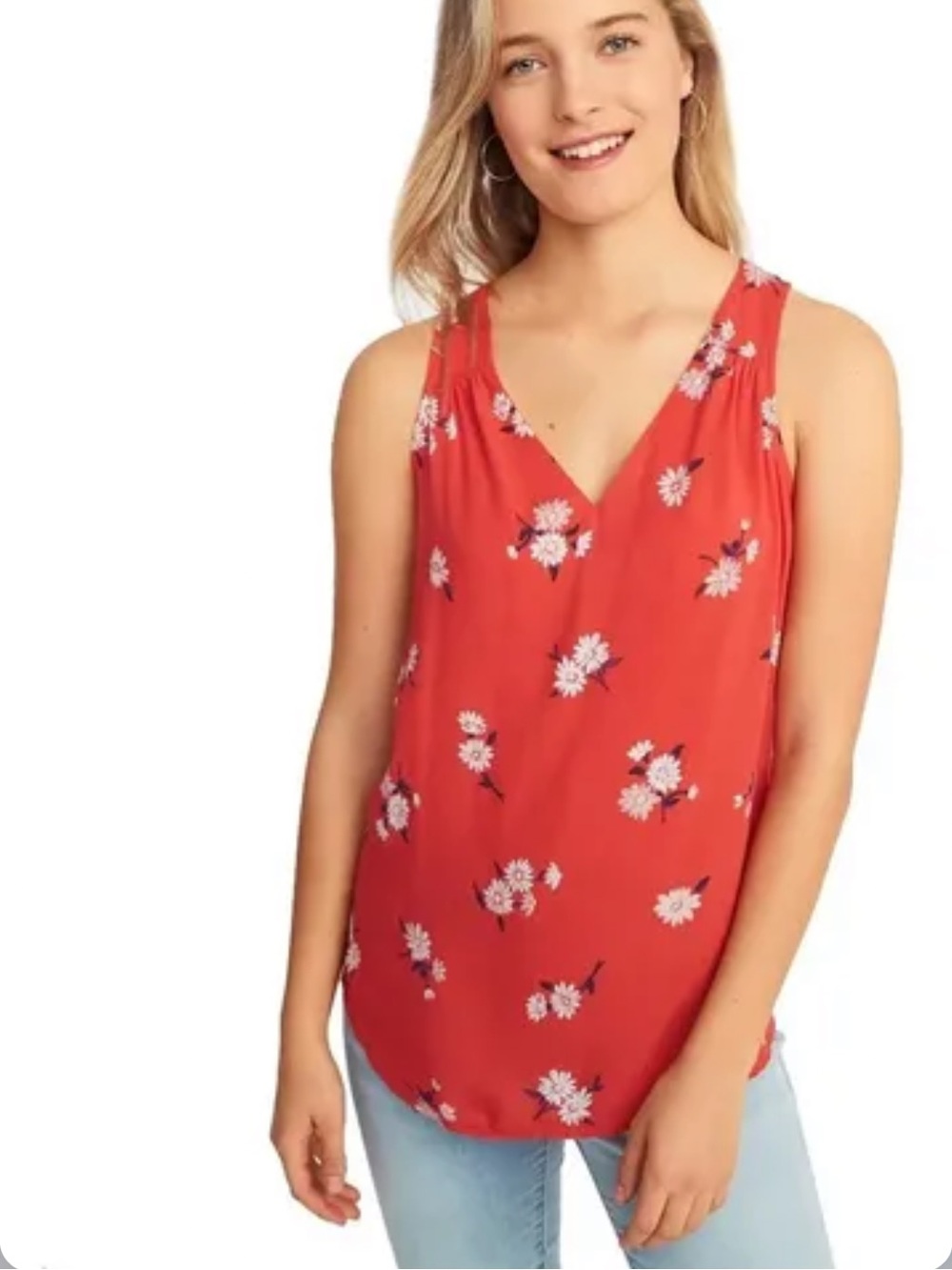 Old Navy Red Floral Long Tank Top Keyhole Back Size M